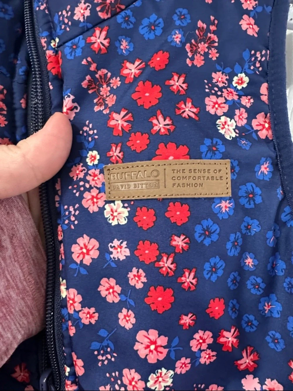 Buffalo David Bitton Navy Floral Puffer Vest with Pink & Red Flowers